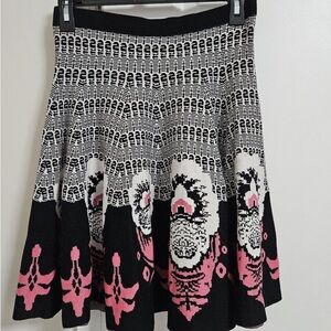 Catherine Malandrino Black and Pink Patterned A-Line Skirt